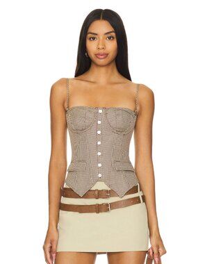 GUIZIO Edith Corset Cafe Brown White Plaid Gingham Tank Top Strapless Cami